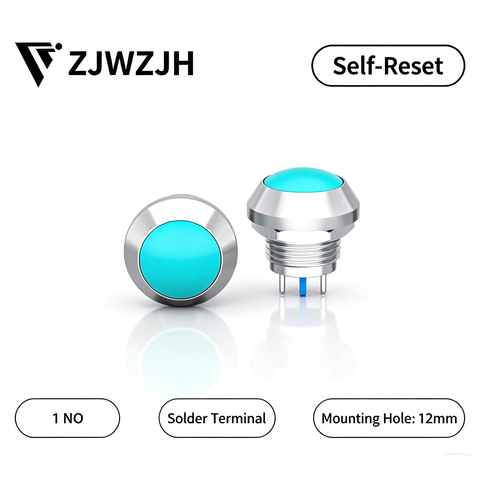 12mm big head push button switch momentary Metal Push Button Switch 1NO SPST Waterproof for Cars,Boat,Truck (Silver Shell, Ball-Head Button,2-Pin)