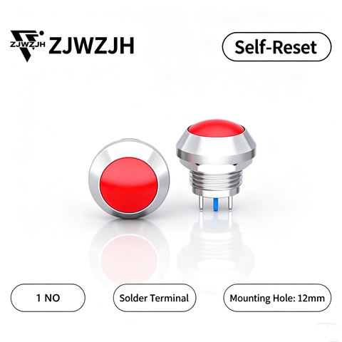 12mm big head push button switch momentary Metal Push Button Switch 1NO SPST Waterproof for Cars,Boat,Truck (Silver Shell, Ball-Head Button,2-Pin)