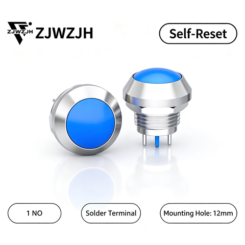 12mm big head push button switch momentary Metal Push Button Switch 1NO SPST Waterproof for Cars,Boat,Truck (Silver Shell, Ball-Head Button,2-Pin)