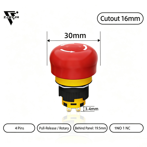 16/22mm Plastic Emergency Stop Switch Self Locking Latching Button Red Mushroom Head Switch(Small Head 1NO1NC)
