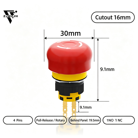 16/22mm Plastic Emergency Stop Switch Self Locking Latching Button Red Mushroom Head Switch(Small Head 1NO1NC)