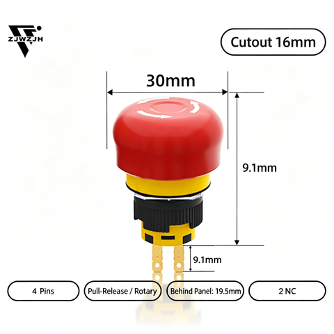 16/22mm Plastic Emergency Stop Switch Self Locking Latching Button Red Mushroom Head Switch(Small Head 1NO1NC)