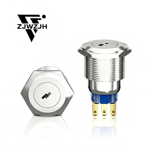 16/19/22mm Rotary Key Switch, 304‑Stainless Steel ON‑Off Latching Keylock Switch, 5A 5V‑250V, Keys Keys Removable at All 2-Position 2NO 2NC