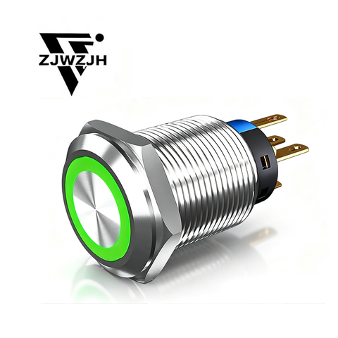 19MM Momentary/latching Push Button Switch 12V-24V Ring Led 1NO 1NC Self-Reset ON/Off Metal Shell Waterproof