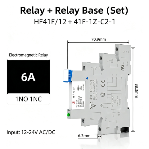 6mm slim relay high sensitivity Miniature Electromagnetic Relay 24V Coil DC/AC; Signal for PLC; HF41F/24-ZS 1NO 1NC 6Amp SPDT with Jumper, Separator, Din Rail Relay 24V