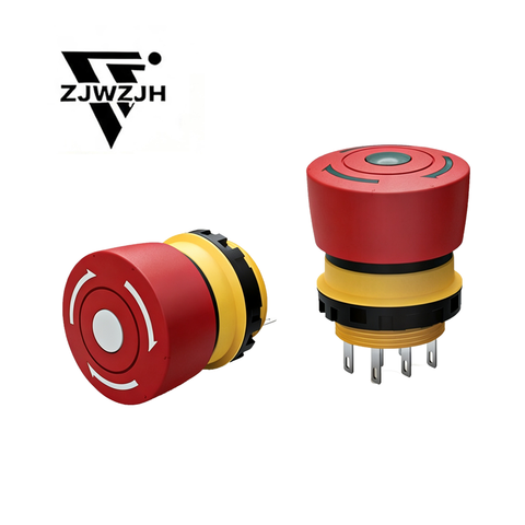 22mm Ultra‑Short Emergency Stop Push Button Switch, IP65 Waterproof 5Amp, 14mm Behind‑Panel Depth Space‑Saving Emergency Shut‑Off Switch with Light 2NC 4Pin