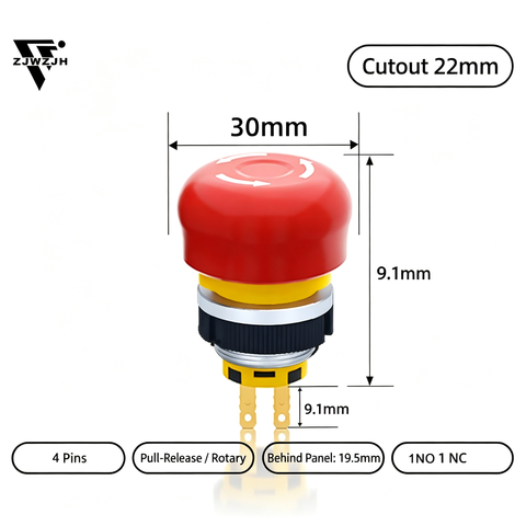 16/22mm Plastic Emergency Stop Switch Self Locking Latching Button Red Mushroom Head Switch(Small Head 1NO1NC)