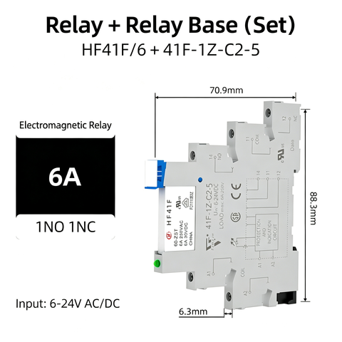6mm slim relay high sensitivity Miniature Electromagnetic Relay 24V Coil DC/AC; Signal for PLC; HF41F/24-ZS 1NO 1NC 6Amp SPDT with Jumper, Separator, Din Rail Relay 24V