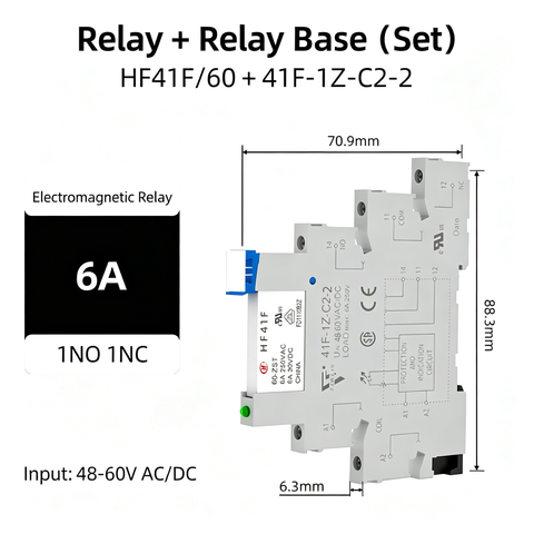 6mm slim relay high sensitivity Miniature Electromagnetic Relay 24V Coil DC/AC; Signal for PLC; HF41F/24-ZS 1NO 1NC 6Amp SPDT with Jumper, Separator, Din Rail Relay 24V
