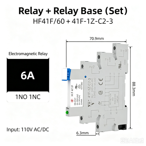 6mm slim relay high sensitivity Miniature Electromagnetic Relay 24V Coil DC/AC; Signal for PLC; HF41F/24-ZS 1NO 1NC 6Amp SPDT with Jumper, Separator, Din Rail Relay 24V