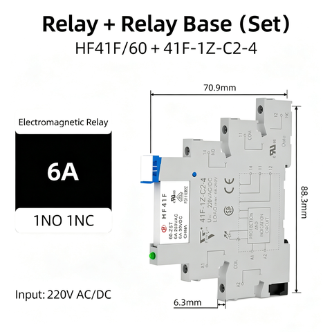 6mm slim relay high sensitivity Miniature Electromagnetic Relay 24V Coil DC/AC; Signal for PLC; HF41F/24-ZS 1NO 1NC 6Amp SPDT with Jumper, Separator, Din Rail Relay 24V