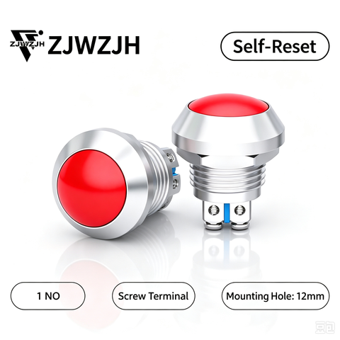 12mm big head push button switch momentary Metal Push Button Switch 1NO SPST Waterproof for Cars,Boat,Truck (Silver Shell, Ball-Head Button,2-Pin)