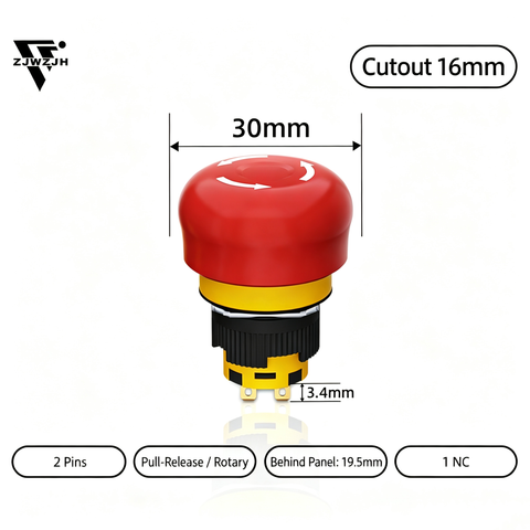 16/22mm Plastic Emergency Stop Switch Self Locking Latching Button Red Mushroom Head Switch(Small Head 1NO1NC)