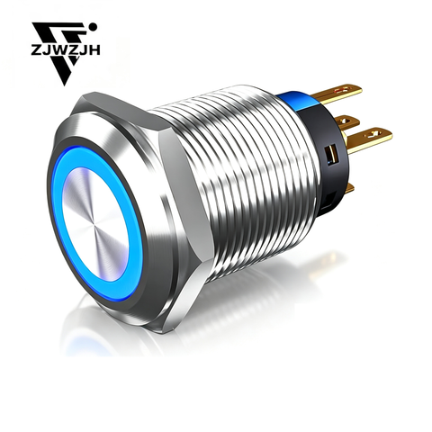 19MM Momentary/latching Push Button Switch 12V-24V Ring Led 1NO 1NC Self-Reset ON/Off Metal Shell Waterproof