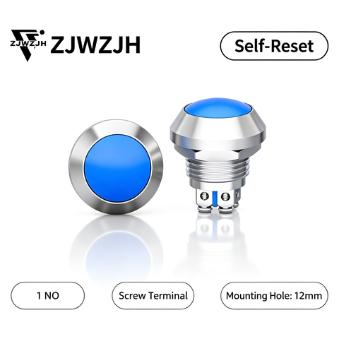 12mm big head push button switch momentary Metal Push Button Switch 1NO SPST Waterproof for Cars,Boat,Truck (Silver Shell, Ball-Head Button,2-Pin)