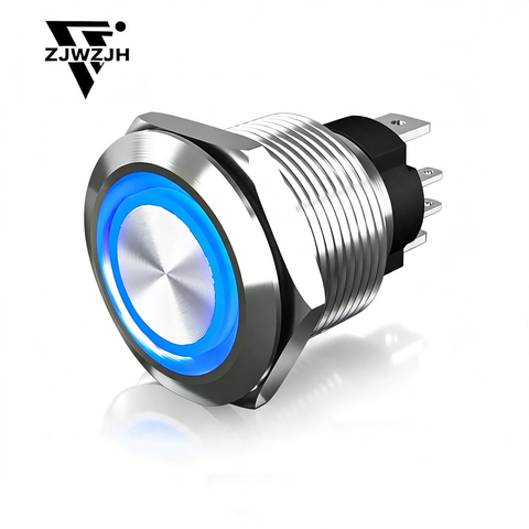 16mm metal push button switch 15Amp 16mm Latching Push Button Switch 12V-24VDC IP67 Waterproof; SPST 1NO, with LED Angel Eye Light; Stainless Steel 304 Power Button
