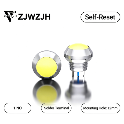 12mm big head push button switch momentary Metal Push Button Switch 1NO SPST Waterproof for Cars,Boat,Truck (Silver Shell, Ball-Head Button,2-Pin)