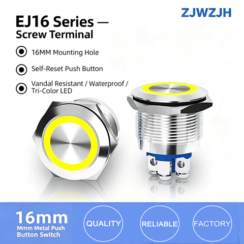 16mm led push button switch screw contact pins one normally open