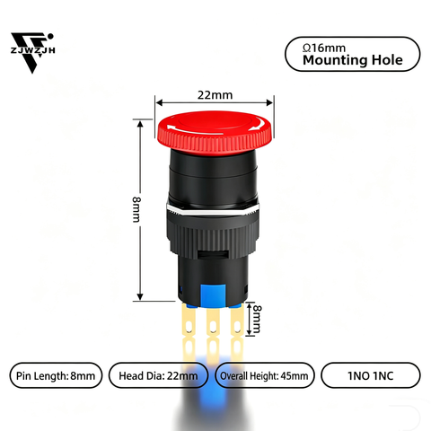 16mm mushroom ,small head emergency stop switch plastic button switch